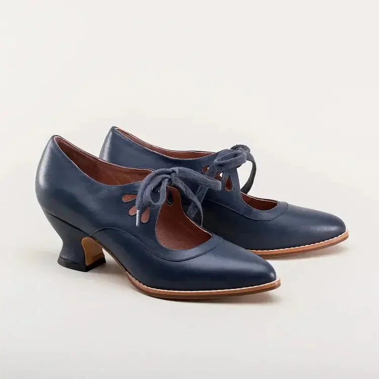 Retro Leather Lace-Up Heels with Cut-Out Detail