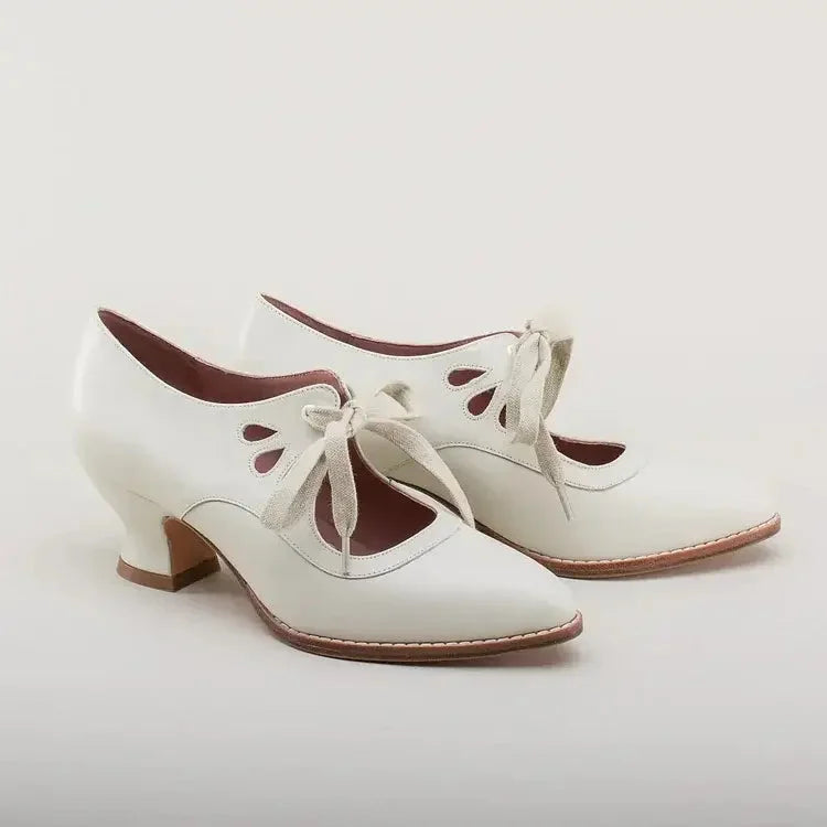 Retro Leather Lace-Up Heels with Cut-Out Detail