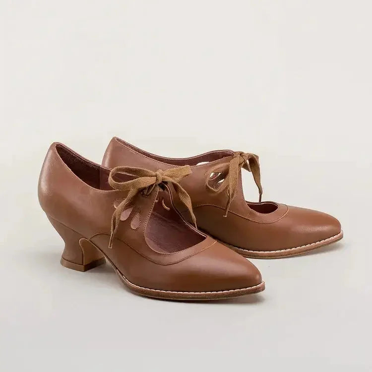 Retro Leather Lace-Up Heels with Cut-Out Detail