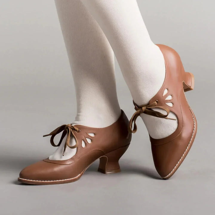 Retro Leather Lace-Up Heels with Cut-Out Detail