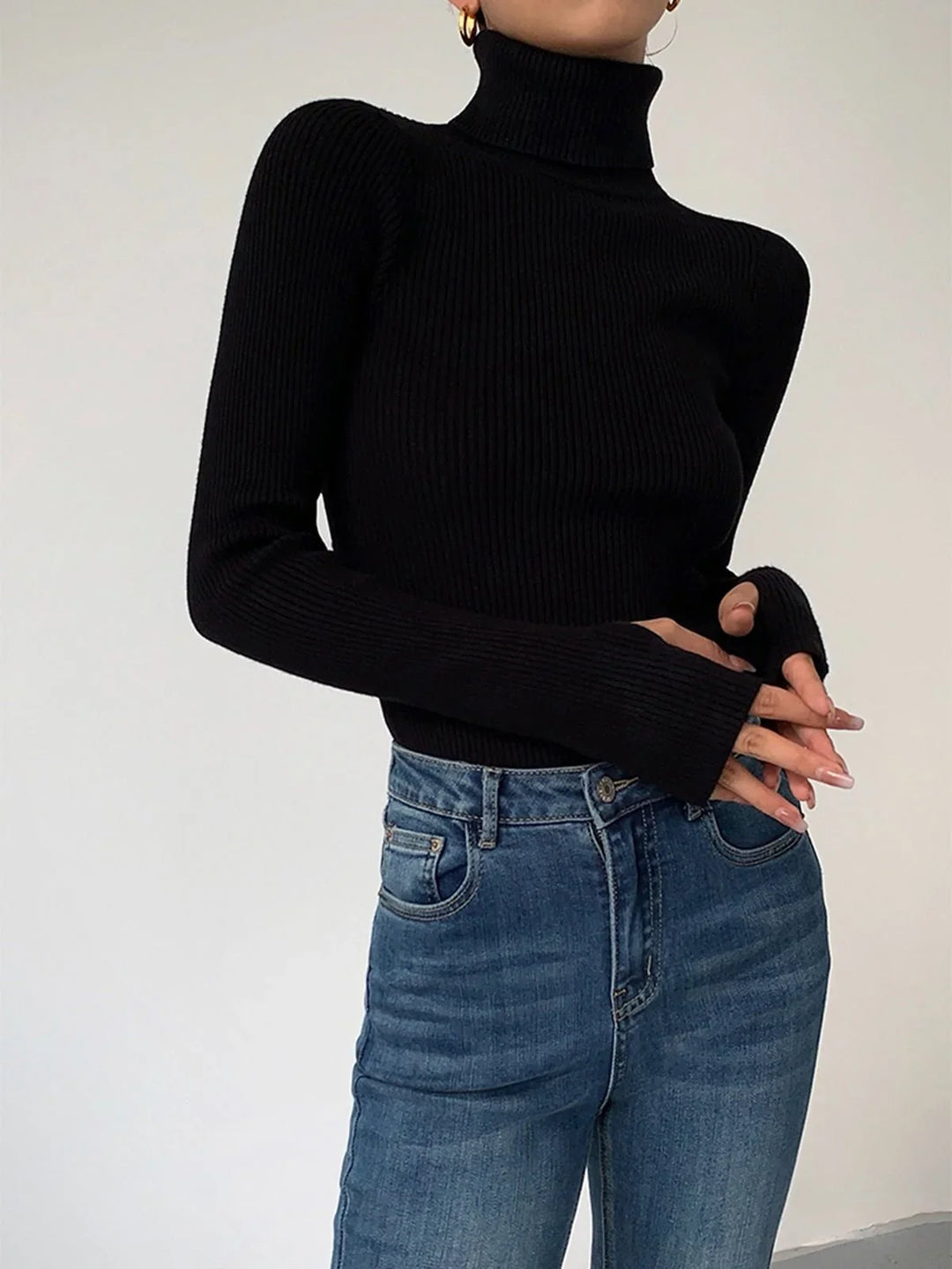 Ribbed Turtleneck Lightweight Knit Sweater