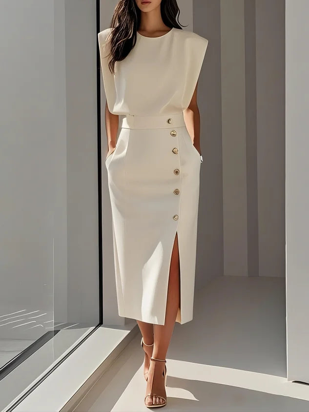 Round Neck Midi Dress with Padded Cap Sleeves
