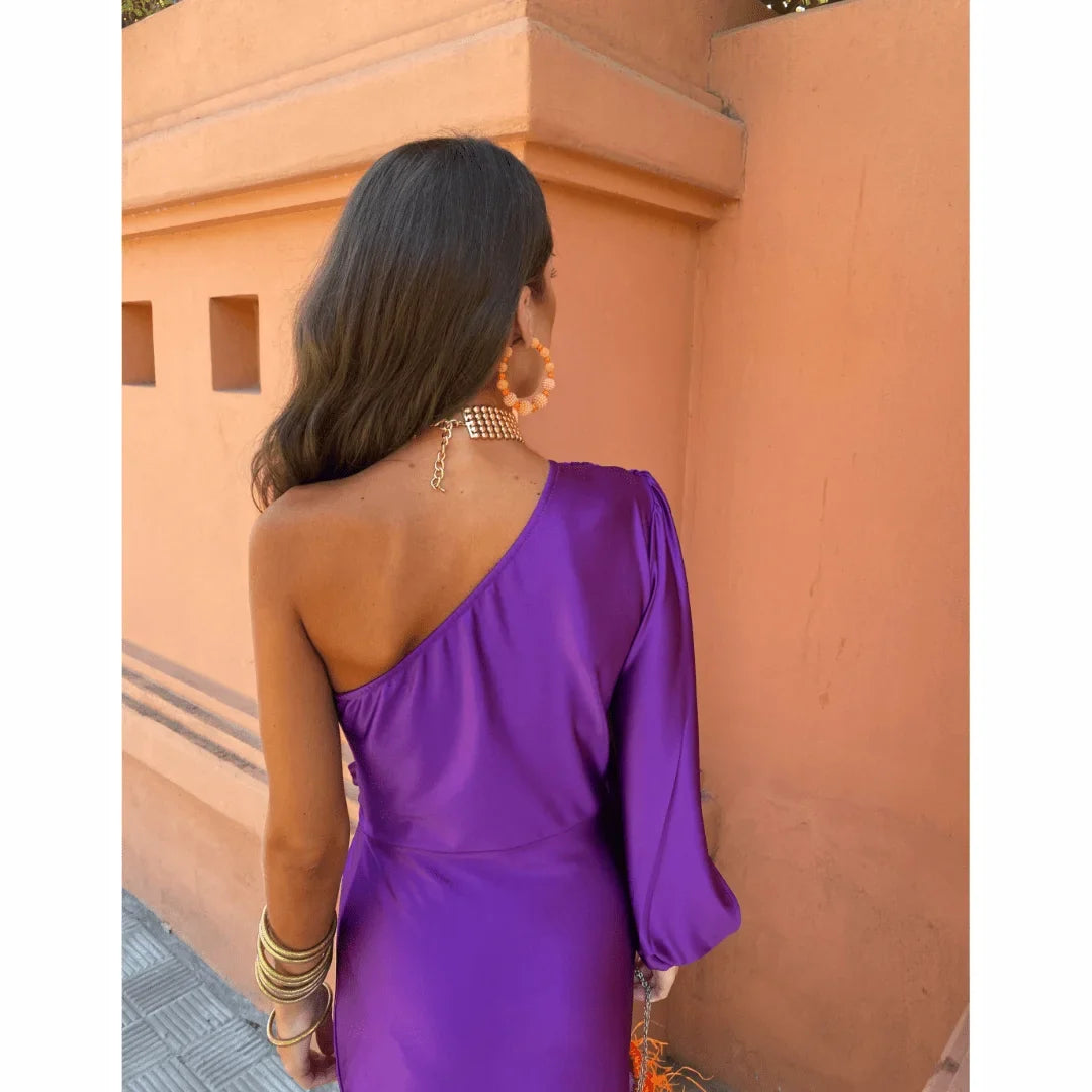 Satin One-Shoulder Maxi Dress with Front Slit