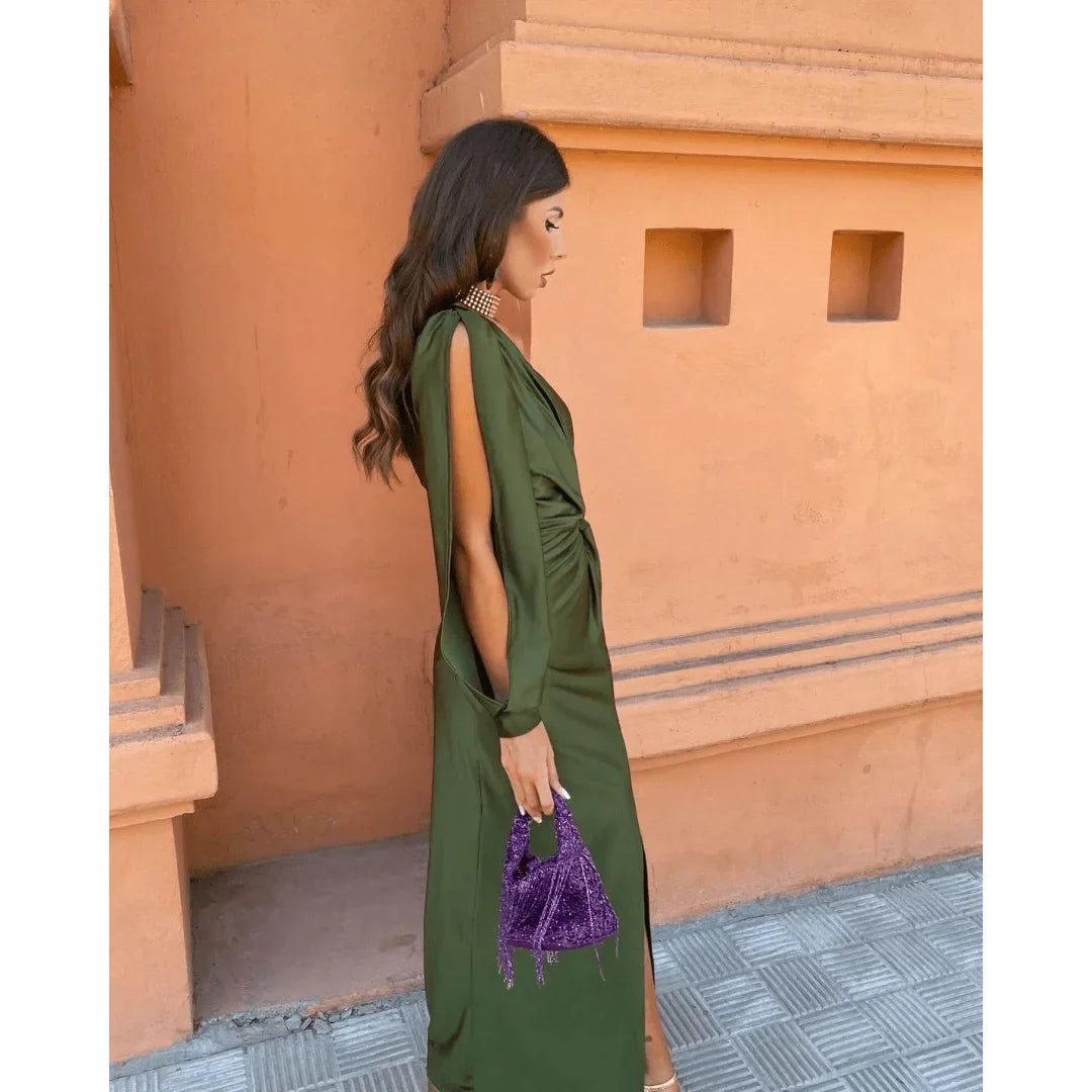 Satin One-Shoulder Maxi Dress with Front Slit