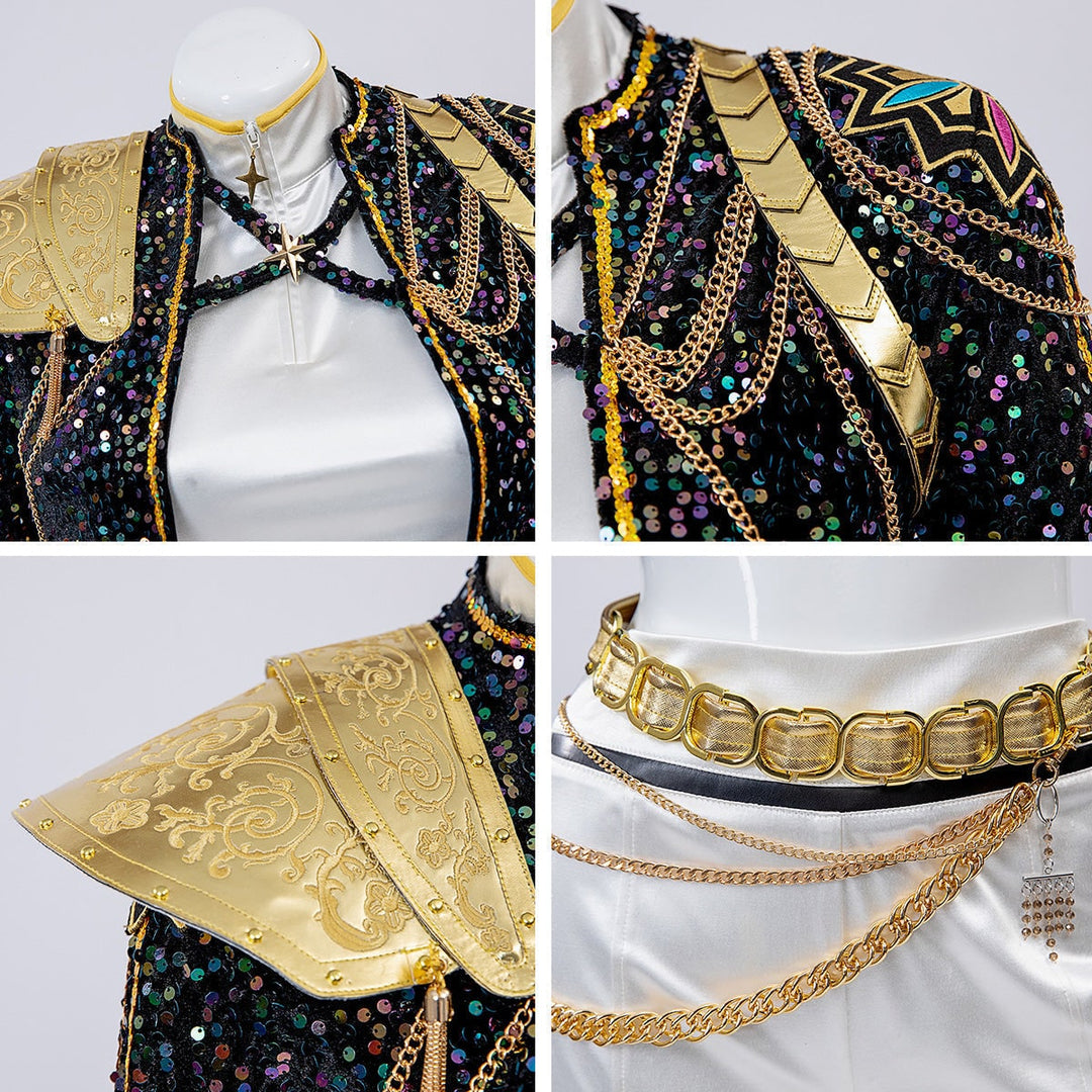 Women's Sequin Belly Dancer Dance Costume with Glittering Crop Jacket Shorts and Gold Chain Belt