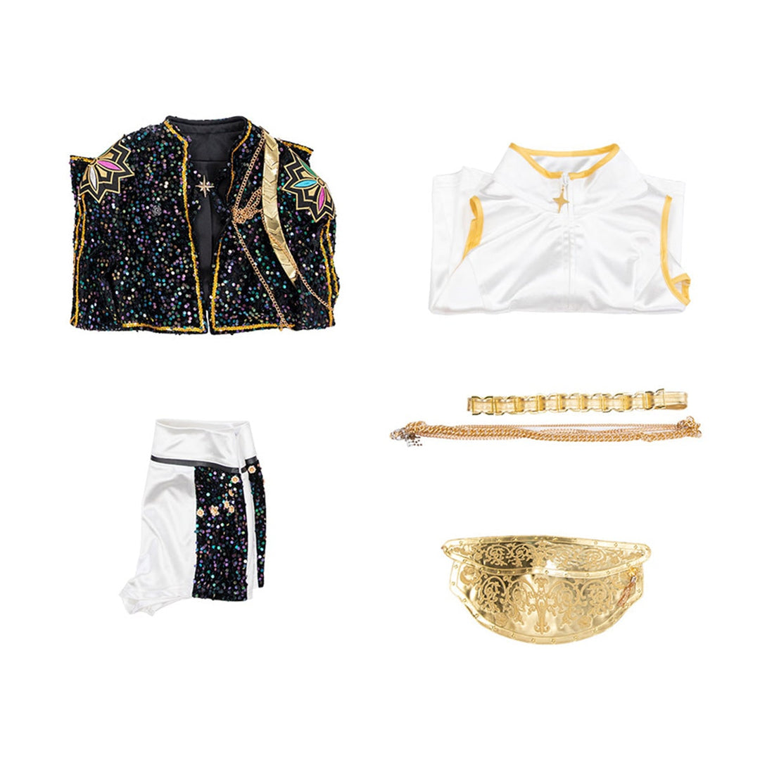Women's Sequin Belly Dancer Dance Costume with Glittering Crop Jacket Shorts and Gold Chain Belt