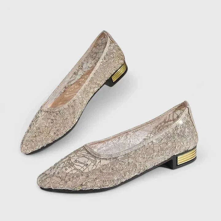 Sheer Lace Pointed-Toe Flats with Block Heel