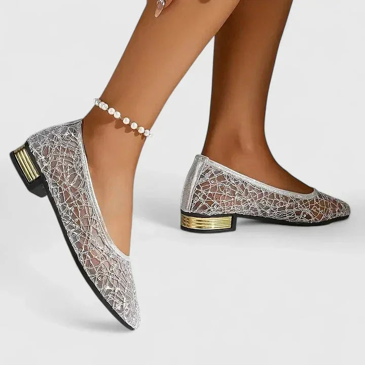 Sheer Lace Pointed-Toe Flats with Block Heel