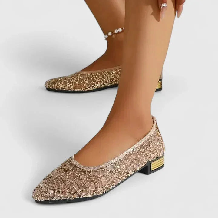 Sheer Lace Pointed-Toe Flats with Block Heel