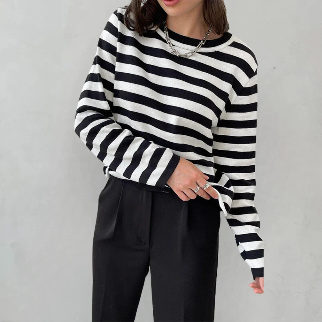 Striped Long-Sleeve Tee with Relaxed Crew Neck