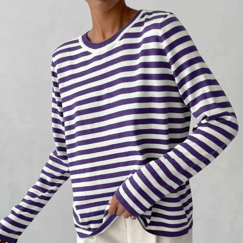 Striped Long-Sleeve Tee with Relaxed Crew Neck