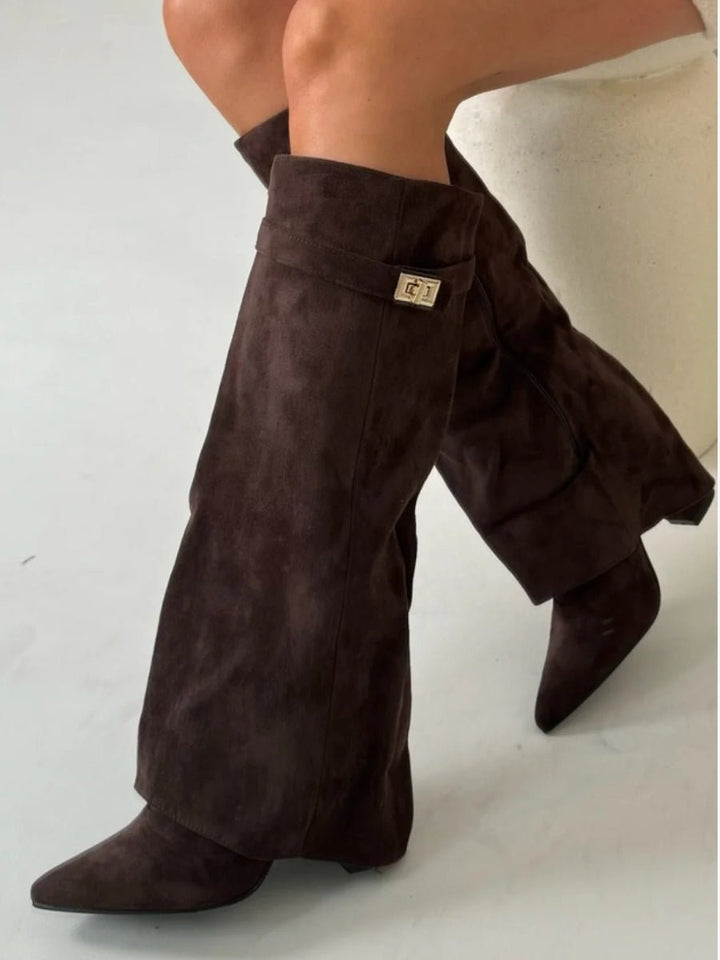 Amelia | Women's Suede Knee High Boots with Gold Hardware