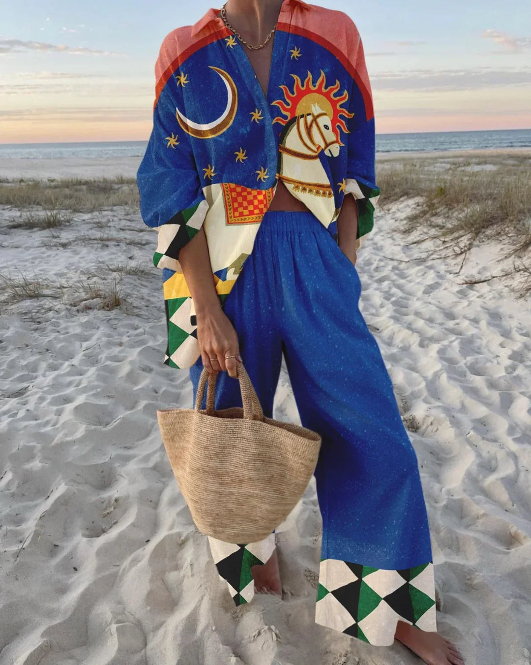 Printed Collared Shirt and Wide-Leg Pants Set