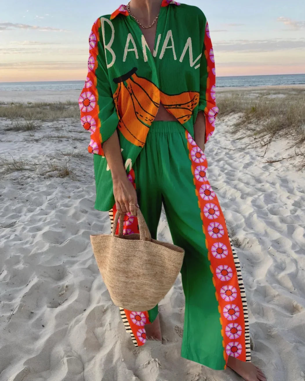 Printed Collared Shirt and Wide-Leg Pants Set