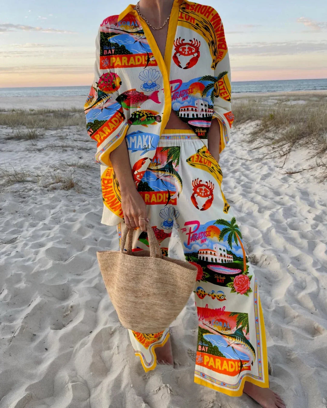 Printed Collared Shirt and Wide-Leg Pants Set