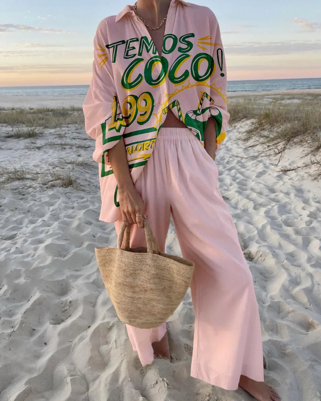 Printed Collared Shirt and Wide-Leg Pants Set