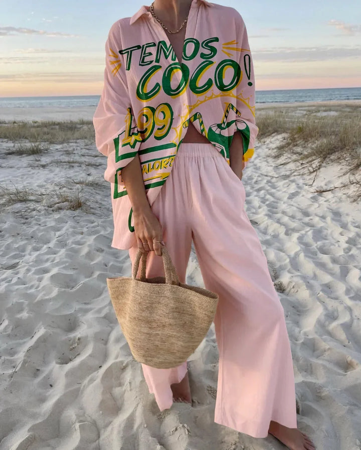 Printed Collared Shirt and Wide-Leg Pants Set