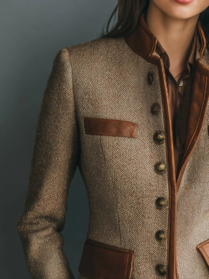 Women's Herringbone Tweed Jacket with Leather-Look Trim – Brown
