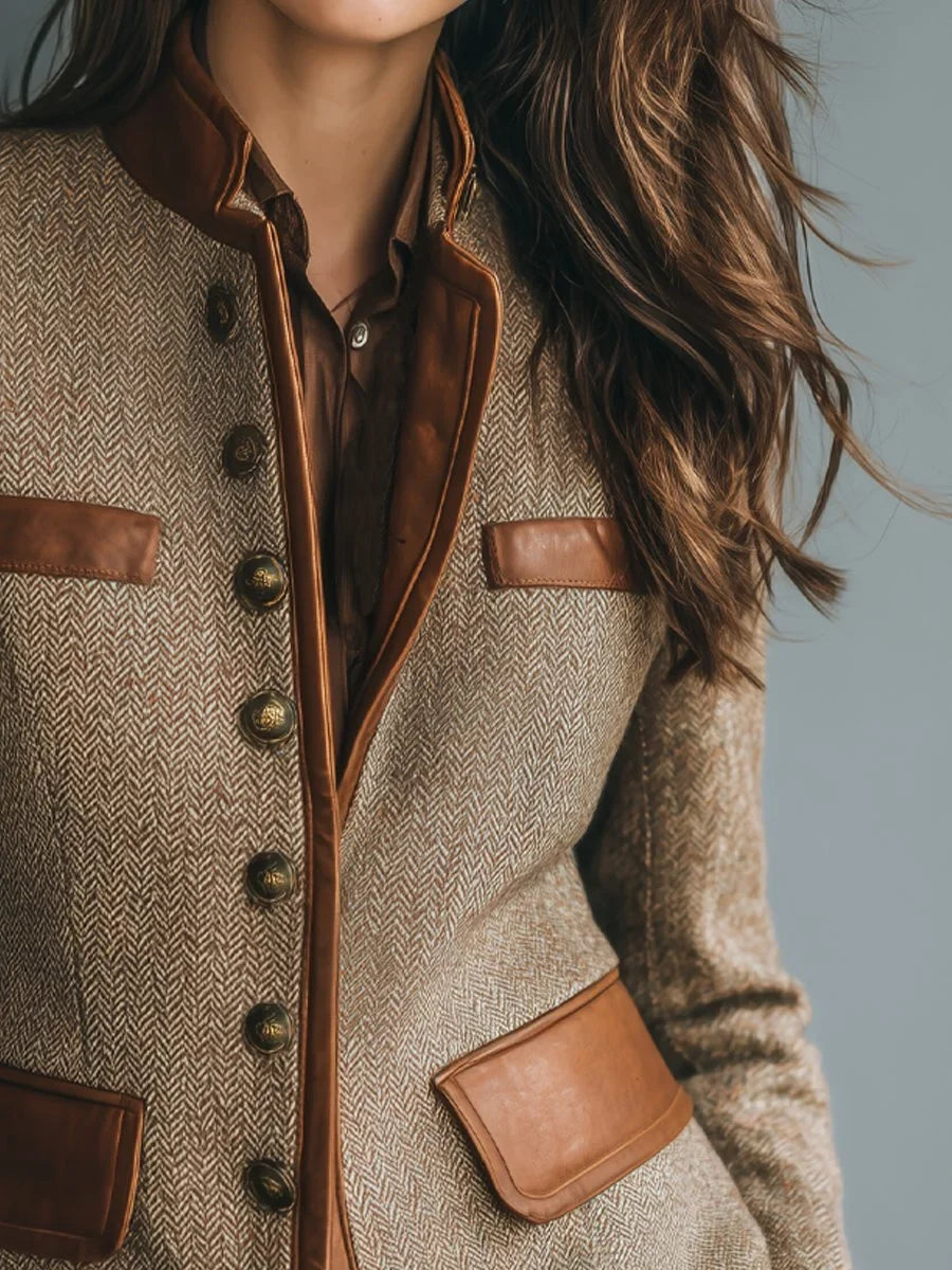 Women's Herringbone Tweed Jacket with Leather-Look Trim – Brown