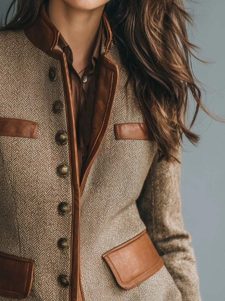 Women's Herringbone Tweed Jacket with Leather-Look Trim – Brown