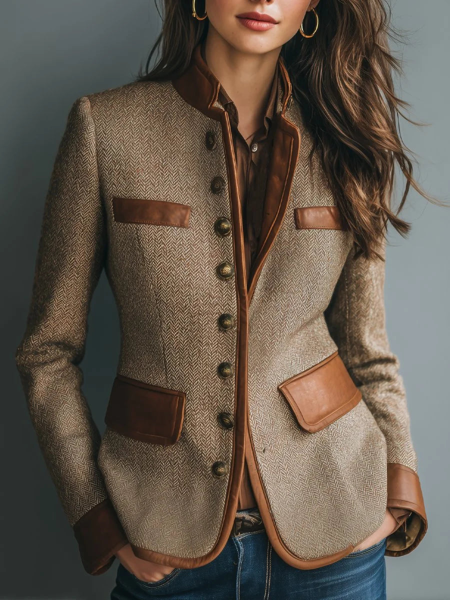 Women's Herringbone Tweed Jacket with Leather-Look Trim – Brown