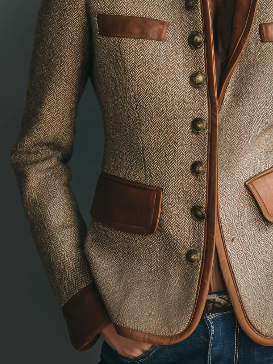 Women's Herringbone Tweed Jacket with Leather-Look Trim – Brown