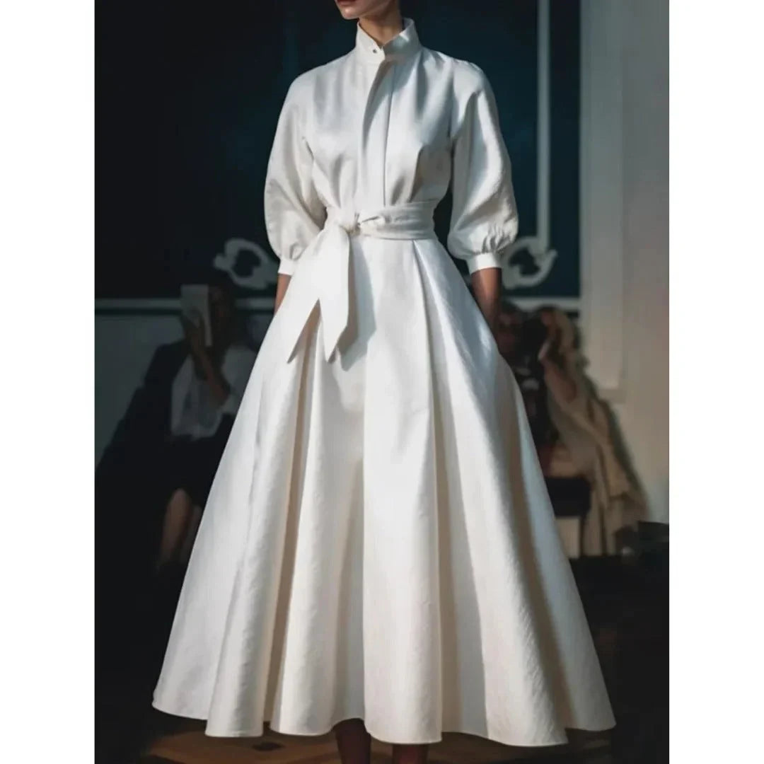 White Collared V-Neck A-Line Midi Dress with Belt