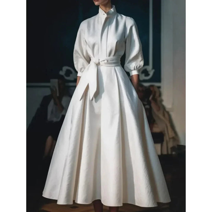 White Collared V-Neck A-Line Midi Dress with Belt