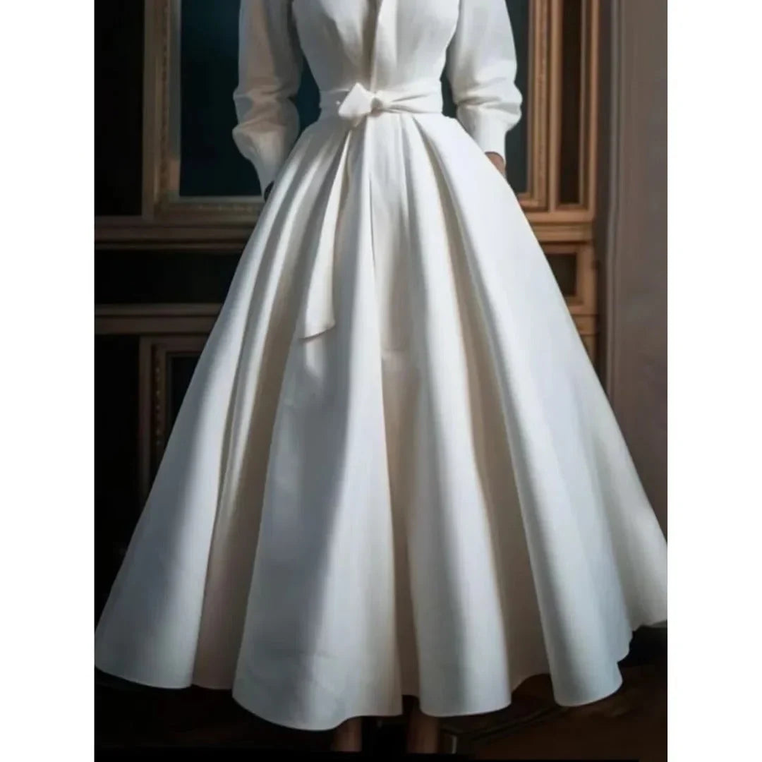 White Collared V-Neck A-Line Midi Dress with Belt
