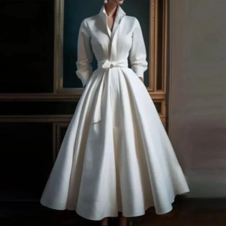 White Collared V-Neck A-Line Midi Dress with Belt