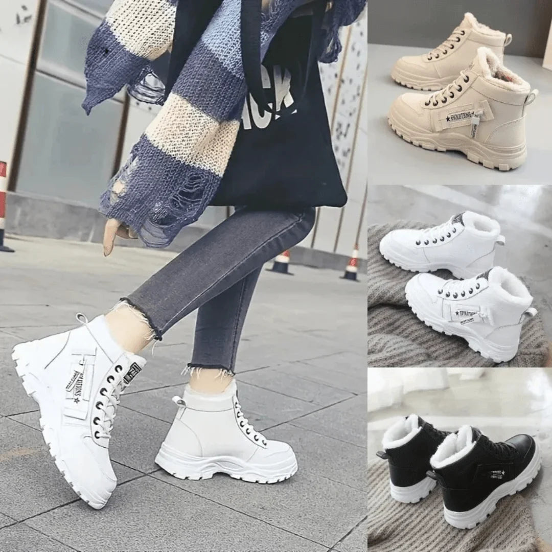 Faux Fur-Lined Lace-Up Ankle Boots with Chunky Sole