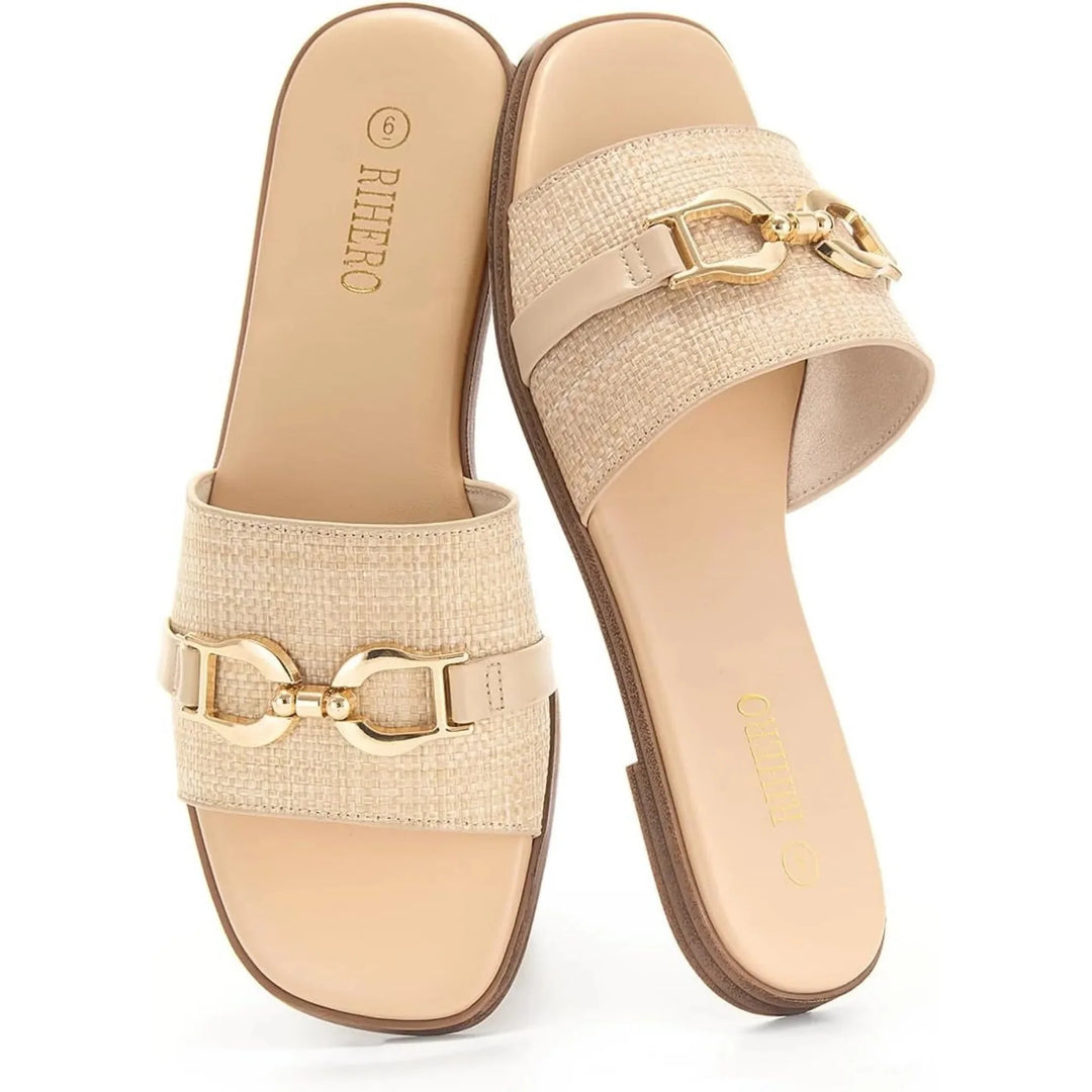 Women's Woven Slide Sandals with Decorative Buckle Accent
