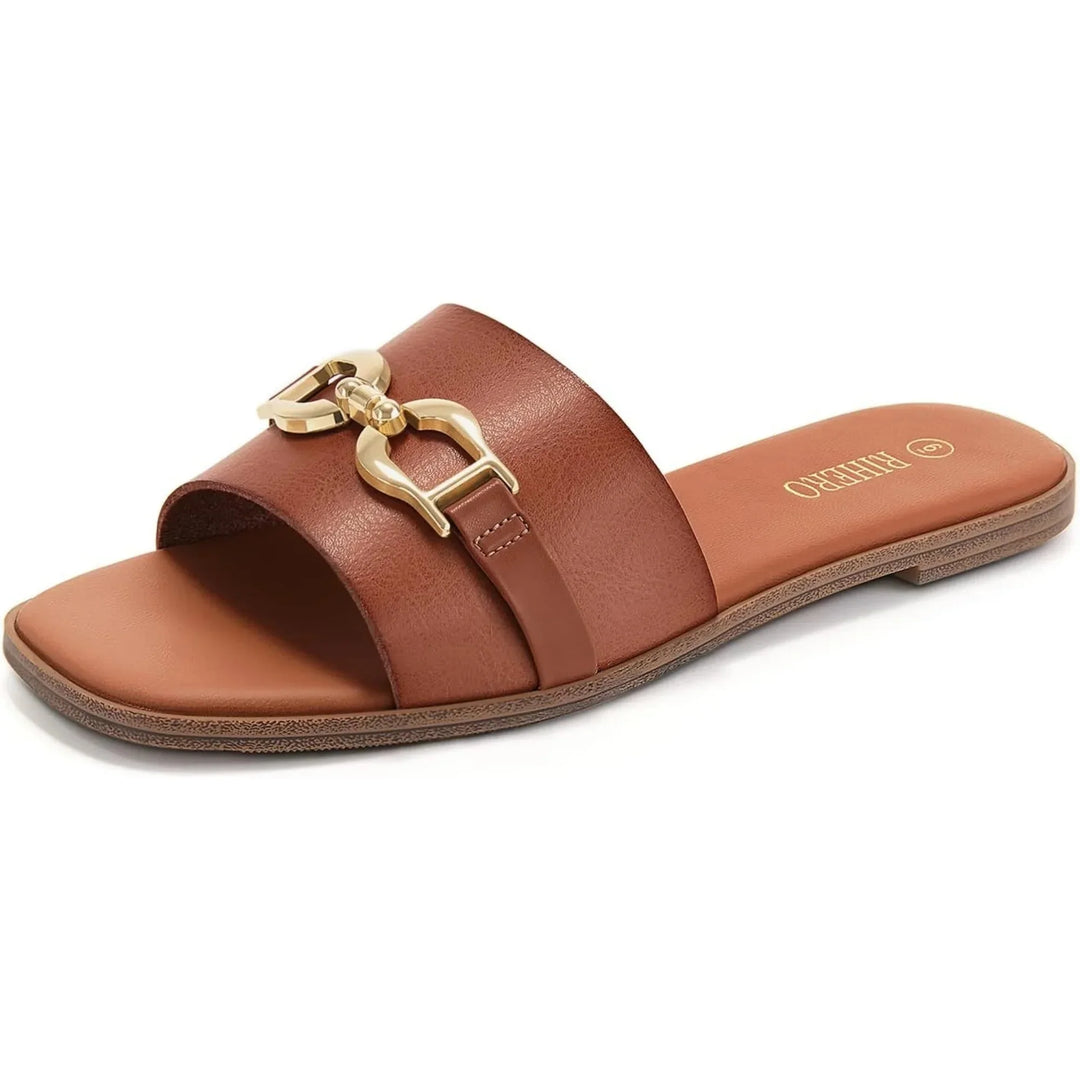Women's Woven Slide Sandals with Decorative Buckle Accent