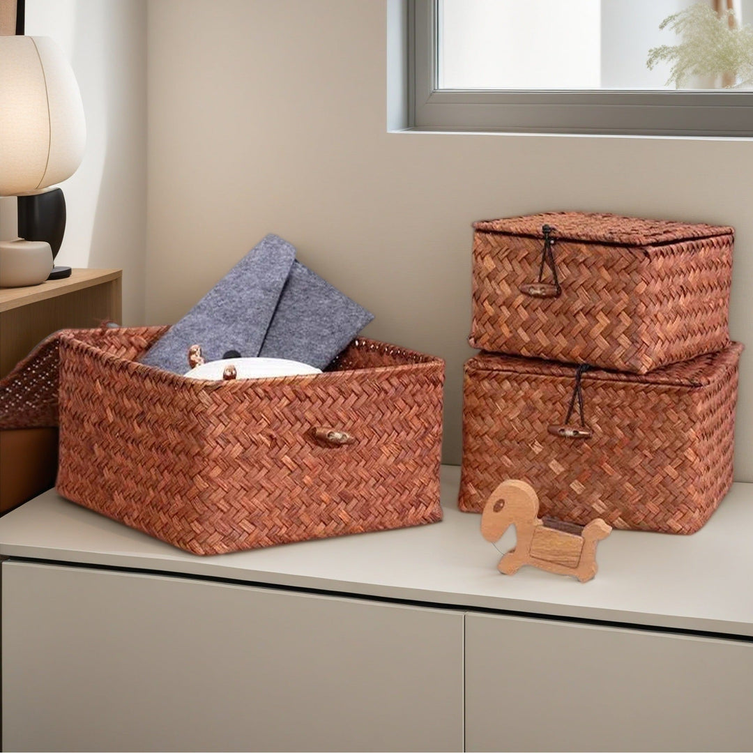 Woven Storage Basket with Rattan Lidded Design and Seagrass Toggle Closure Laundry Hamper