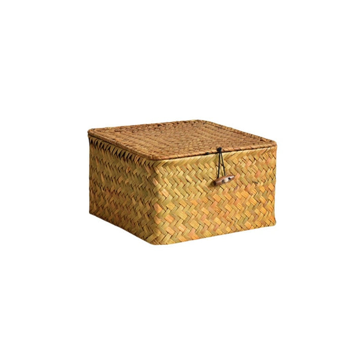 Woven Storage Basket with Rattan Lidded Design and Seagrass Toggle Closure Laundry Hamper