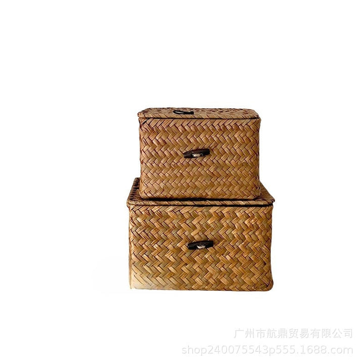 Woven Storage Basket with Rattan Lidded Design and Seagrass Toggle Closure Laundry Hamper