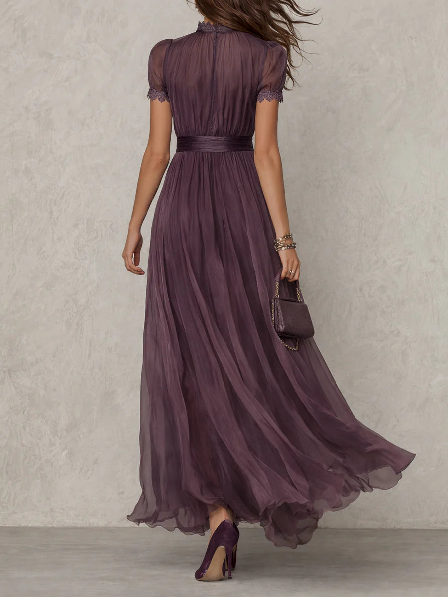 Women's Maxi Dress with Lace Trim and Gathered Waist for Special Occasions