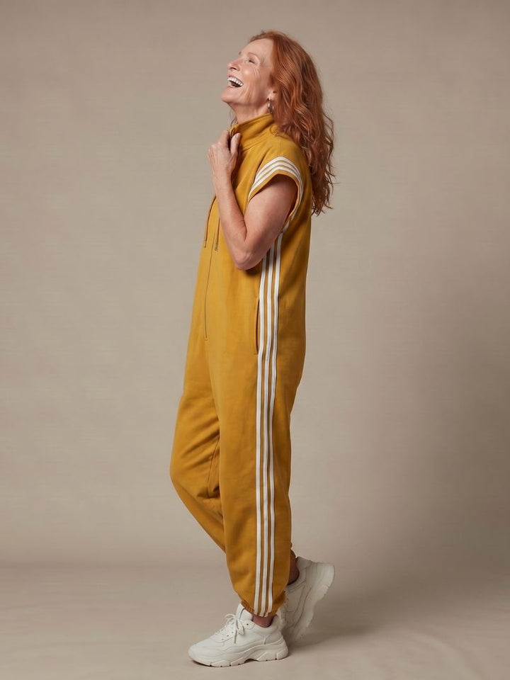 Striped Panel Jumpsuit with Zip Front and Short Sleeves for Women