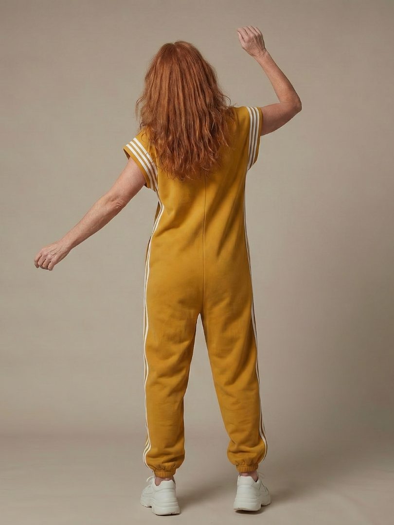 Striped Panel Jumpsuit with Zip Front and Short Sleeves for Women