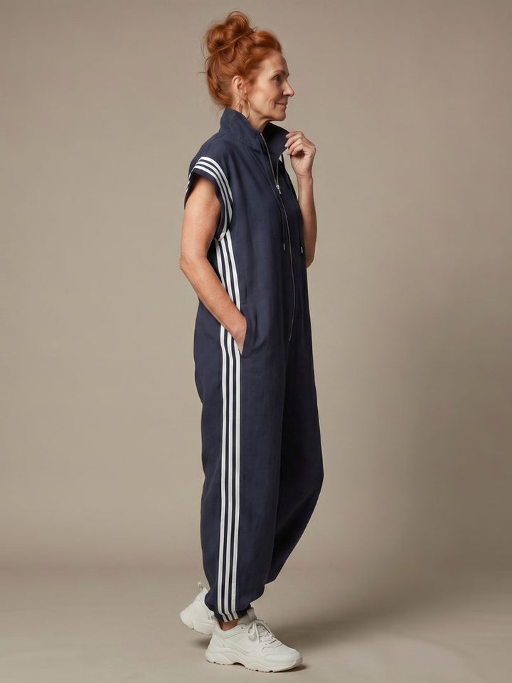 Striped Panel Jumpsuit with Zip Front and Short Sleeves for Women