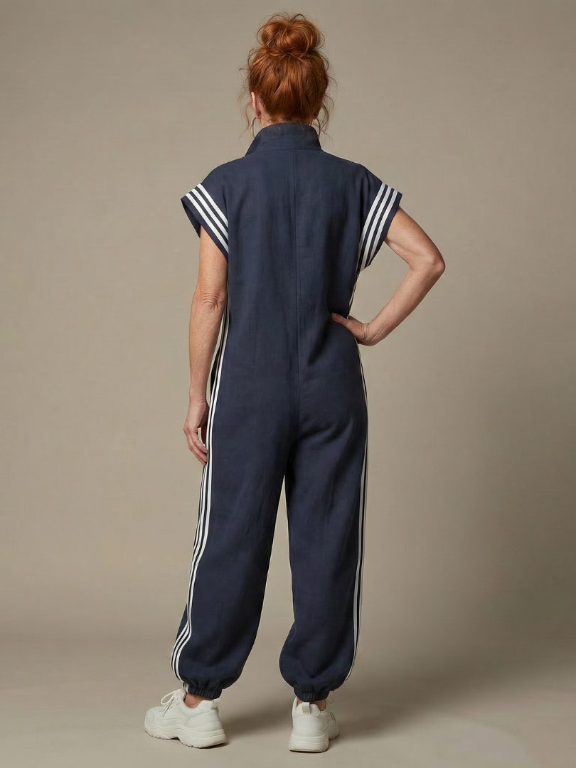 Striped Panel Jumpsuit with Zip Front and Short Sleeves for Women