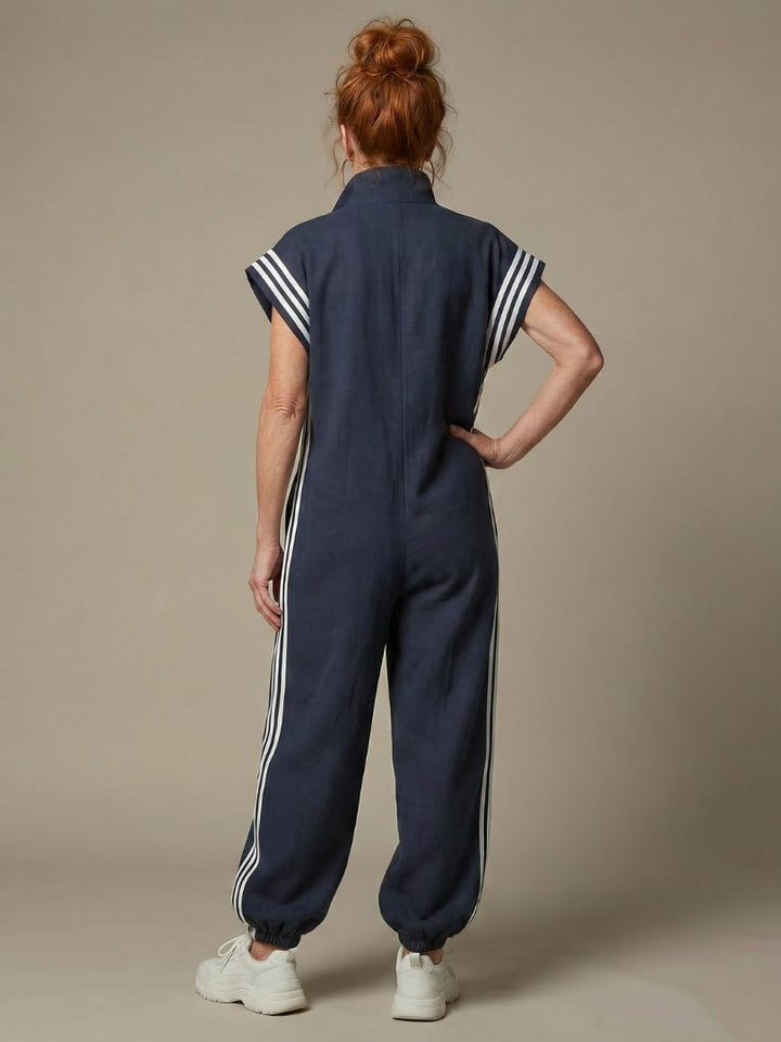 Striped Panel Jumpsuit with Zip Front and Short Sleeves for Women