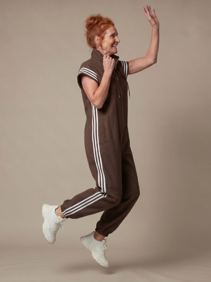 Striped Panel Jumpsuit with Zip Front and Short Sleeves for Women
