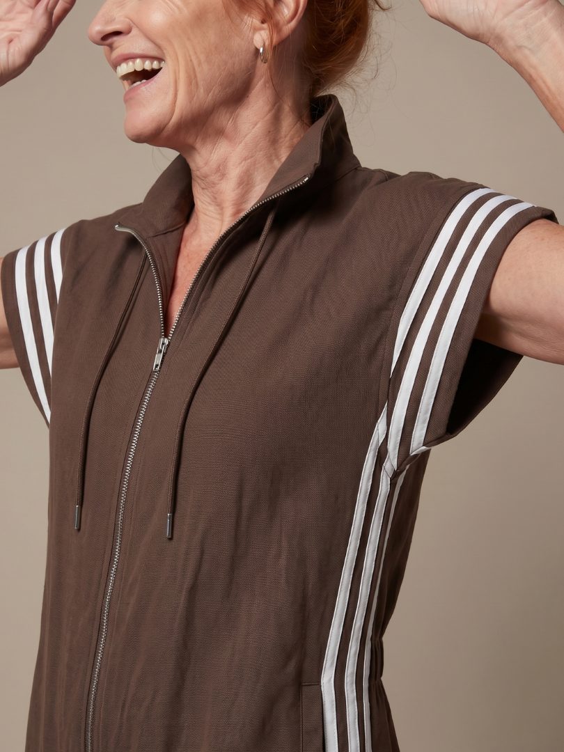 Striped Panel Jumpsuit with Zip Front and Short Sleeves for Women