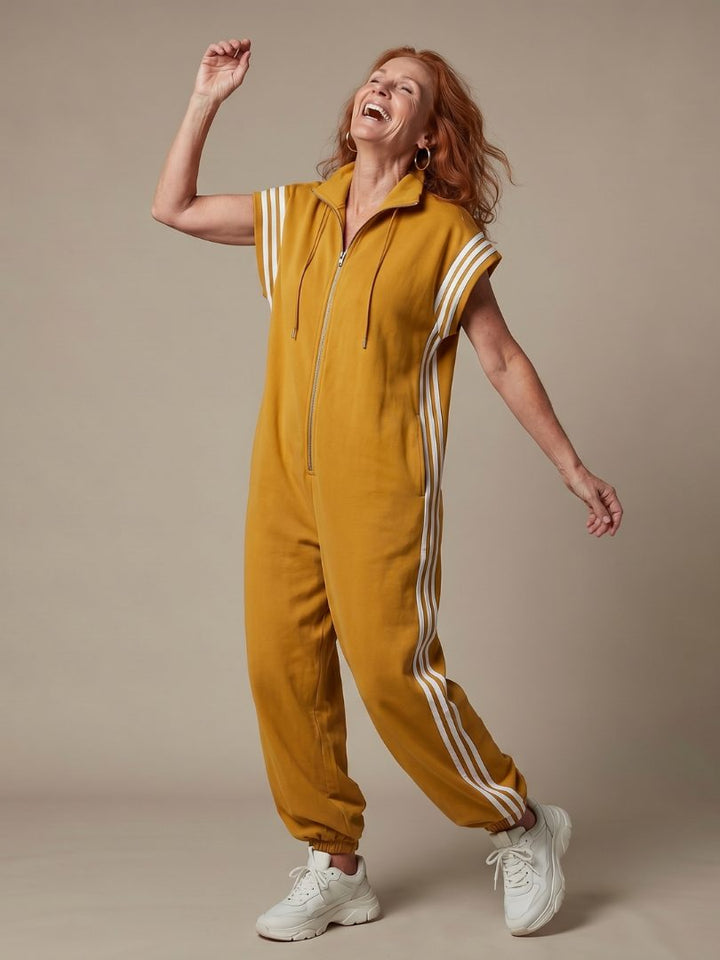 Striped Panel Jumpsuit with Zip Front and Short Sleeves for Women