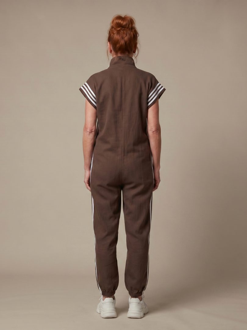 Striped Panel Jumpsuit with Zip Front and Short Sleeves for Women