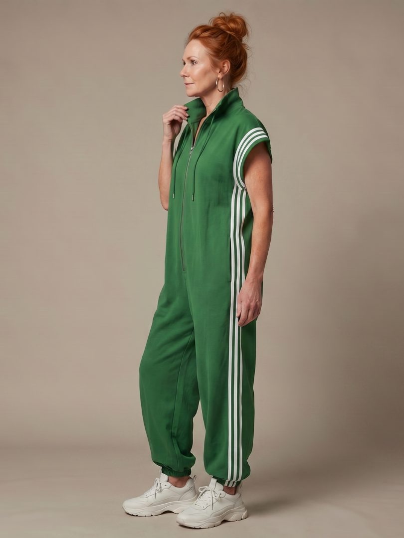 Striped Panel Jumpsuit with Zip Front and Short Sleeves for Women