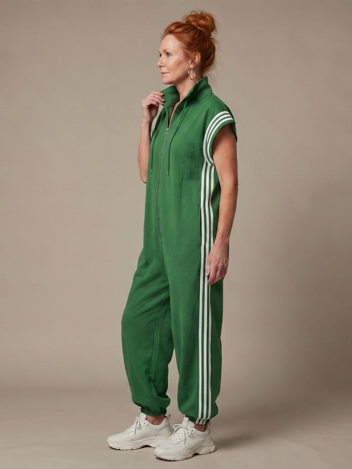 Striped Panel Jumpsuit with Zip Front and Short Sleeves for Women