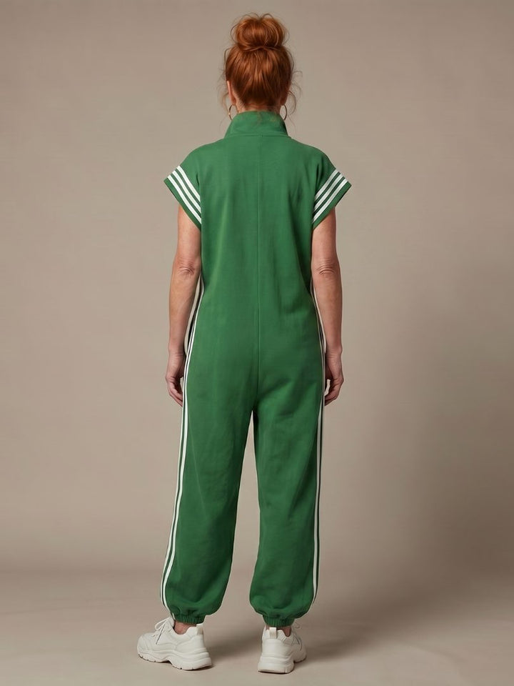Striped Panel Jumpsuit with Zip Front and Short Sleeves for Women
