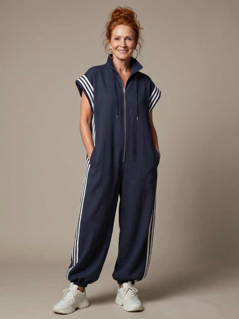 Striped Panel Jumpsuit with Zip Front and Short Sleeves for Women